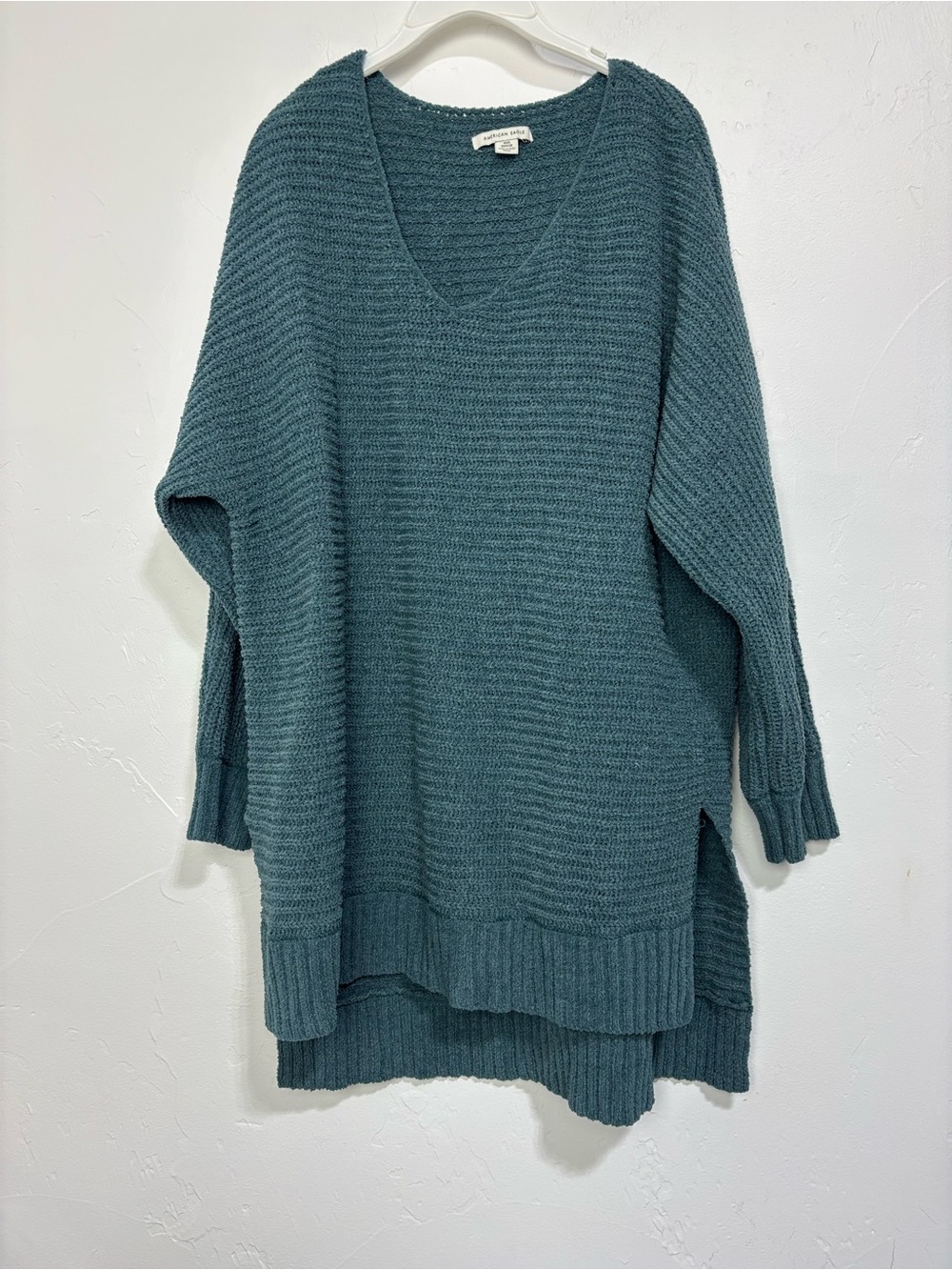 American Eagle Blue Teal Solid V-Neck Ribbed Knit Pullover Sweater Women's XS/S